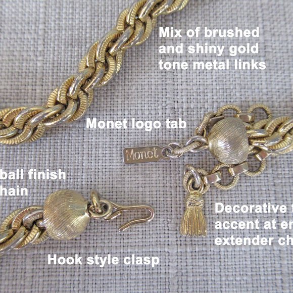 Monet 14 inch choker necklace plus 2 inch extender, Twisted gold link style, VTG - Picture 4 of 13